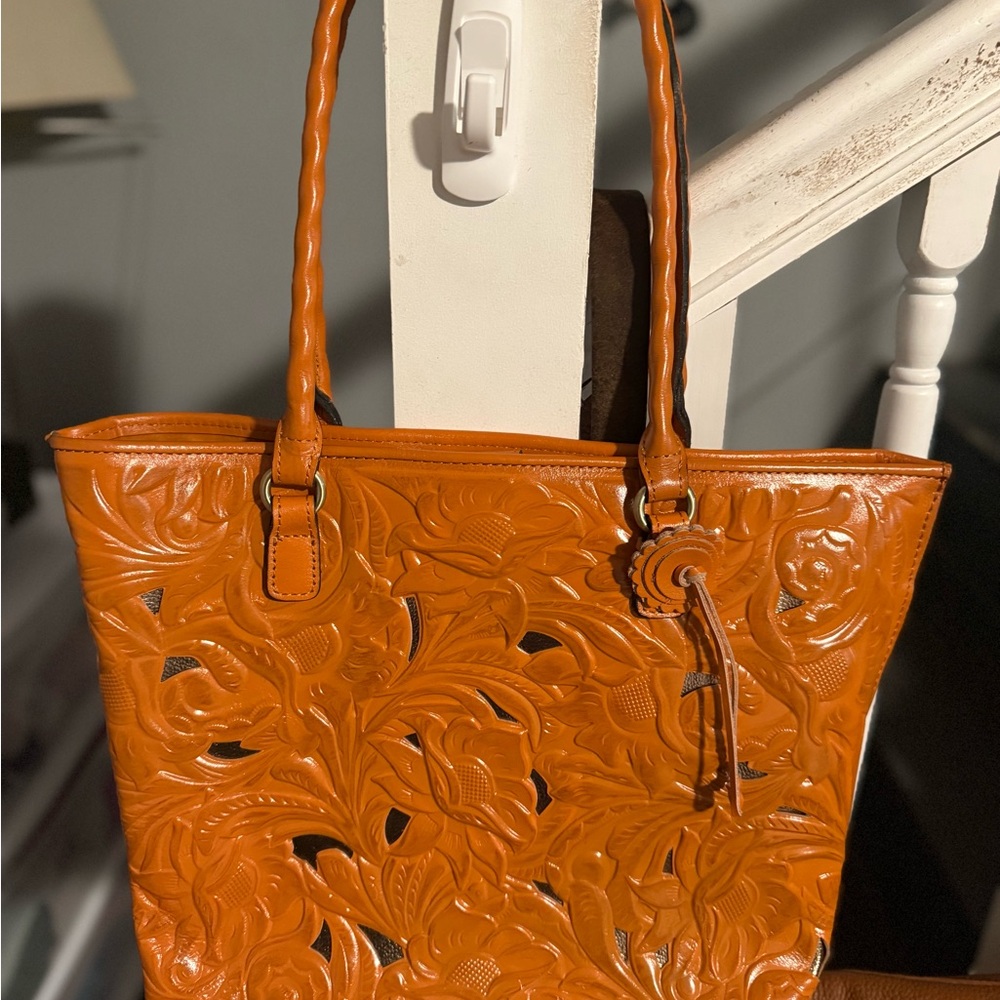 Patricia Nash Tan Leather Tote with Floral Embossing